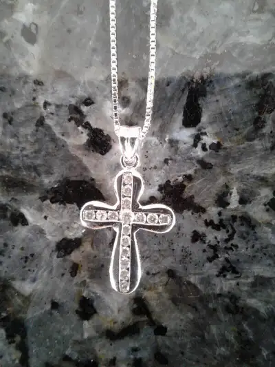 Silver & Diamond Cross Pendant with Box Link chain, View more