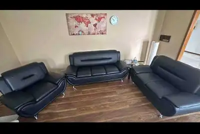 Compact Black Leather 3-Piece Sofa Package, View more
