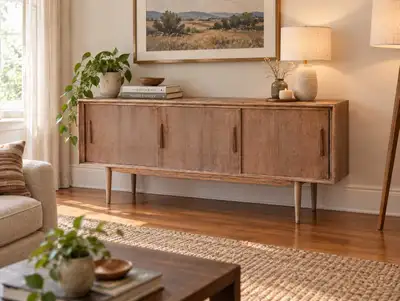 Mid Century modern TV stand, Vintage Deilcraft Walnut Sideboard, View more