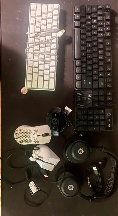 white Glorious Model O with cord bungee - 45$ GK61 white with pudding keycaps - 20$ full-size gaming...
