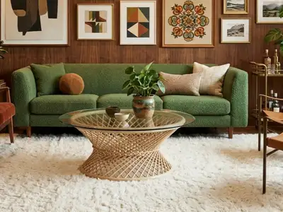 Vintage bohemian round glass and bamboo coffee table , View more