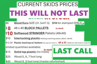 100% GOOD USED PALLETS AND SKIDs we have plastic and wood in, View more