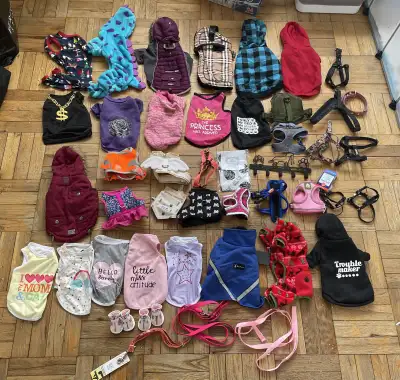 XS/SMALL Dog Clothes & Harnesses Lot HUGE LOT, View more