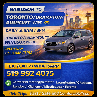 Windsor to Toronto/Brampton/Airport EVERYDAY at 5AM / 3PM, View more