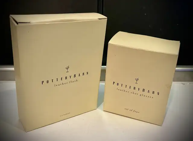 Pottery Barn Leather Flask and Pottery Barn Leather Shot Glasses in Kitchen & Dining Wares in Kitchener / Waterloo - Image 2