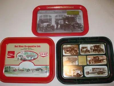 3 unusual vintage Coke trays. 1982 Red River Co-operative, 1986 & 1988 Driver Safety Achievement tra...