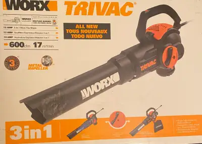 All new in box Worx Trivac 12Amp electric 3-in-1 Blow/ Vac/Mulch Souffleur/Aspirateur/Broyeur 3 en 1
