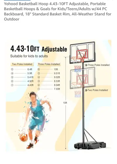 Yohood Basketball Hoop 4.43-10FT Adjustable/Portable, View more