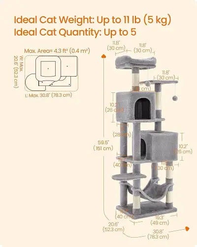 Feandrea Cat Tree Tower, 155 cm Multi-Level Cat Condo 5 Scr, View more