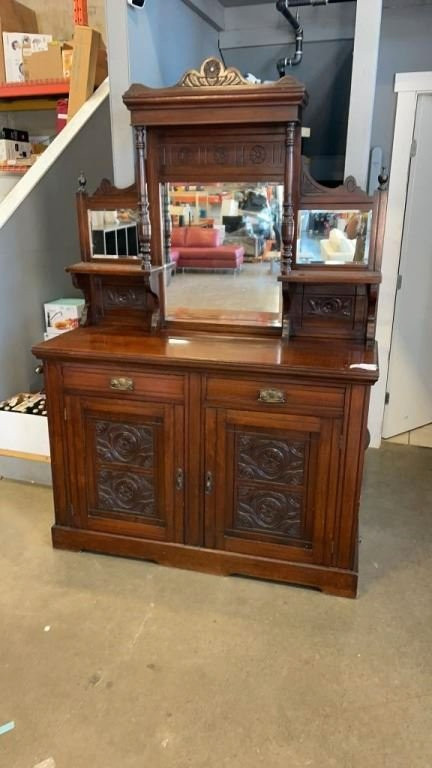 ANTIQUE DOVETAILED SERVING CABINET w/ BEVELLED MIRROR in Other in Delta/Surrey/Langley - Image 2
