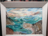 Peinture tableau toile huile mer paysage rocher eau