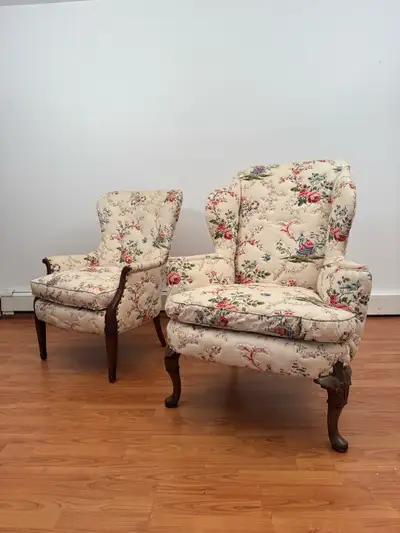Antique chintz and hardwood armchairs, View more