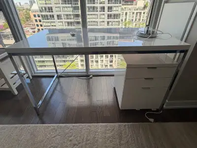 Modern White High-Gloss Desk with 3-Drawer Filing Cabinet, View more