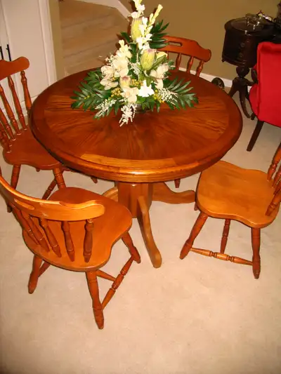 SOLID WOOD PEDESTAL DINING TABLE WITH 4 CHAIRS, View more