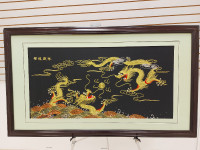 Old Chinese silk embroidery dragons playing with ball,framed
