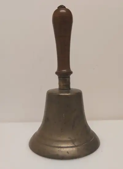 Vintage School Bell Brass School Bell Farmhouse Decor with wooden handle Clapper looks to be an iron...