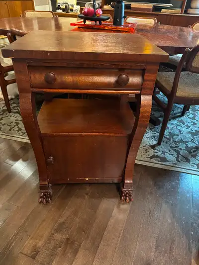 Beautiful Scottish Empire style mahogany side table or nightstand. Hand made and hand carved. Intric...