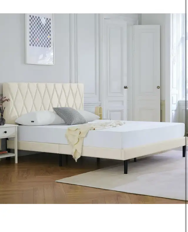 Queen Bed Frames with Upholstered Headboard,Linen Fabric Wrap,St in Beds & Mattresses in Hamilton - Image 5