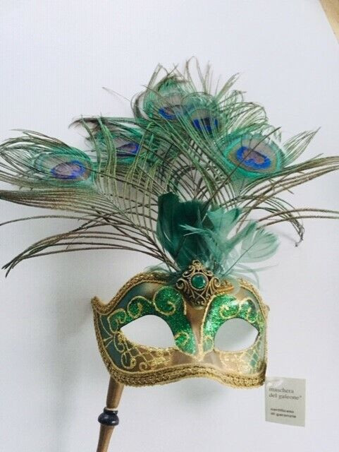Gorgeous Green Venetian feather Masquerade Mask- Bamboo Handle in Costumes in Norfolk County - Image 4