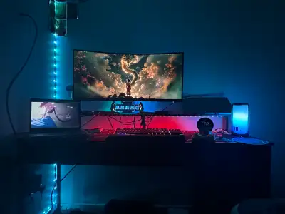 Computer Desk with Power Outlet: The computer desk is equipped with a built-in power strip with 2 ou...