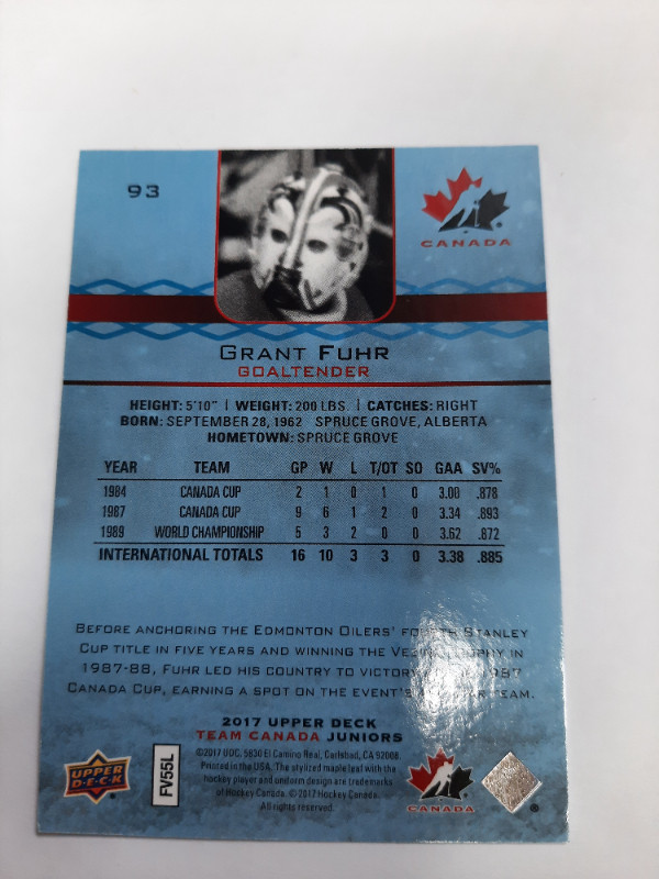 Grant Fuhr 2017 Upper Deck Team Canada Juniors Blue Spectrum #93 in Arts & Collectibles in Oakville / Halton Region - Image 2