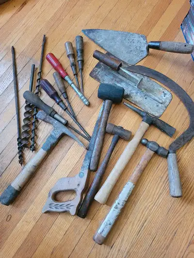 ANTIQUE TOOLS. VINTAGE TOOLS. SICKLE. HAMMER., View more