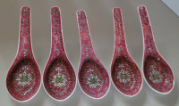 Vintage Famille Rose Porcelain Mun Shou Red  Spoons - set of 5