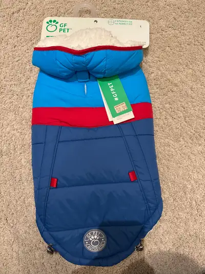 Brand new with tags on, size large, winter dog coat. Comes from smoke free home. Bought this jacket...