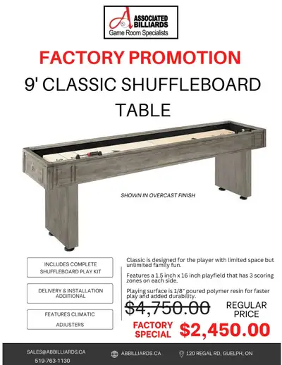 New 9' foot Classic Shuffleboard Table, View more