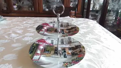 PORCELAIN TWO-TIER TIDBIT STAND -SILVER HANDLE -PARIS CAFE  -R2S, View more