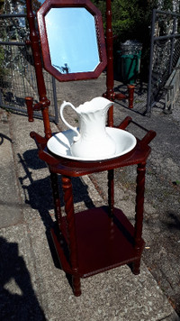 Wood Wash Stand with White Pitcher and Bowl