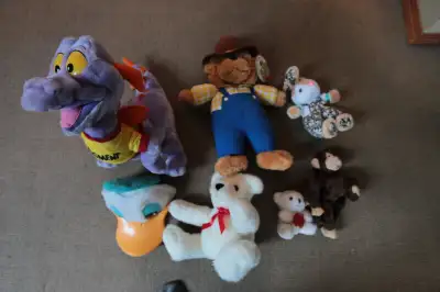 Group of plush stuffed toy animals. Sold the Berenstein papa bear. Sold Figment dragon from Walt Dis...