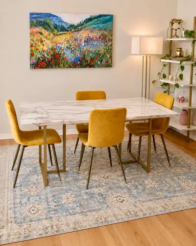 Distressed Persian Area Rug in Dusty Blue, Ivory, and Rust, View more