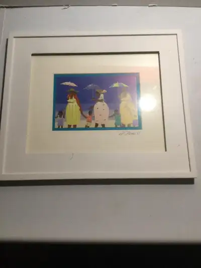 Picture : Three women on a beach with umbrellas and their children White frame Size: 11 inches X 13...