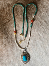 Beautiful Turquoise Pearl Nanhong Sterling Necklace 