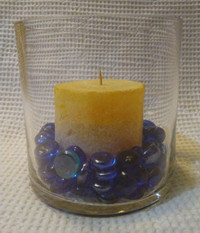 Cylinder Table Vase with Orange Candle, Blue Flat Glass Gems