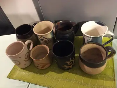 Lot of 8 Original Art Stoneware Coffee / Tea Mugs, View more