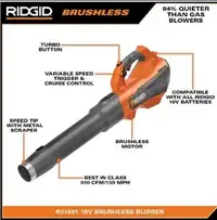 18V Leaf Blower RIDGID Brushless Cordless Battery 510 CFM