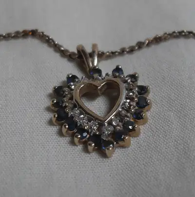 Birthday Gift - Vintage - 14k - yellow gold Sapphire and Diamond heart pendant (pendant only) Approx...