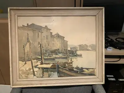 Watercolor depicting boats at the dock
20x24, View more