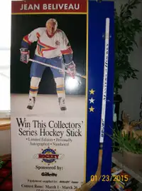 Jean Beliveau poster + autograph hockey stick