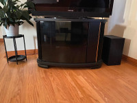 Black/glass door TV stand on casters