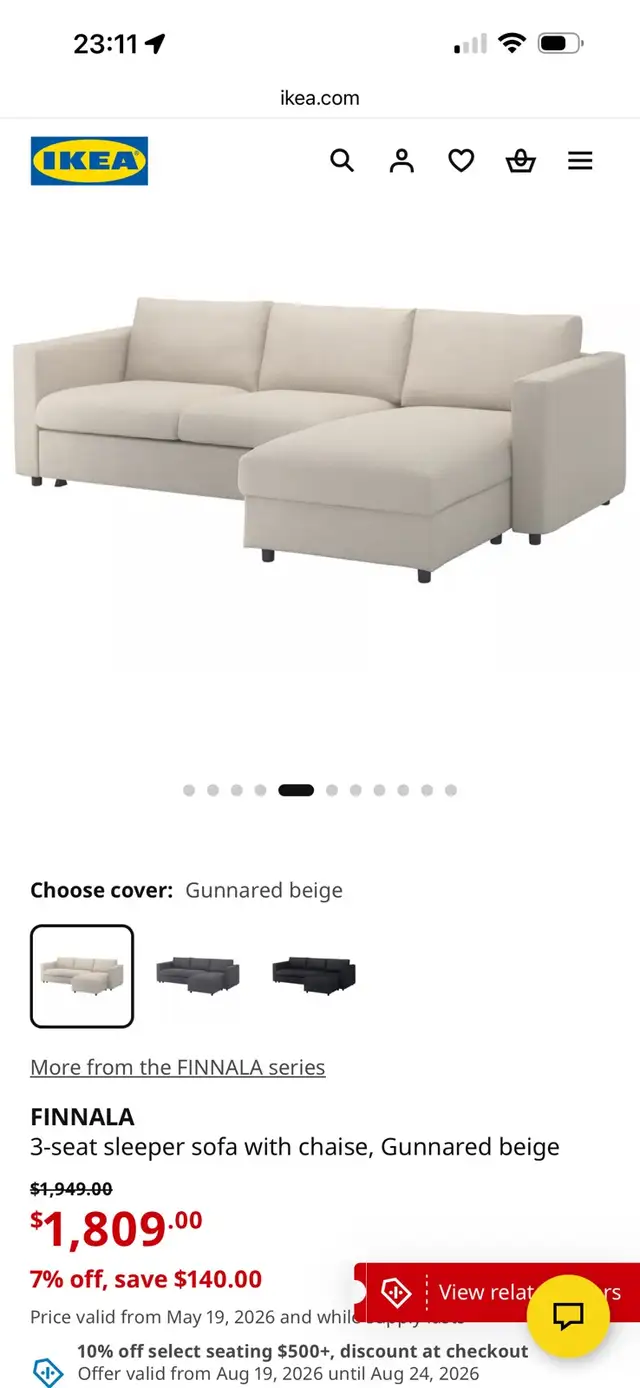 IKEA FINNALA 3-Seat Sleeper Sofa with Chaise