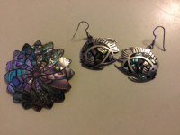 Vintage Sterling Abalone fish earrings and pendant. VG condition