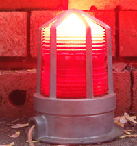 Vintage Industrial Caution Pendant Light Ruby Red INCO Mining