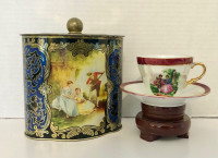 Vintage Porcelain Demitasse Tea Cup & Biscuit-Confection Tin