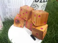 Wood dice with pink pips, yardzee, farkle, outdoor games