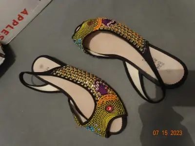 Lady fancy slippers, sling back,beaded,low heel,sole design 10, Voir plus