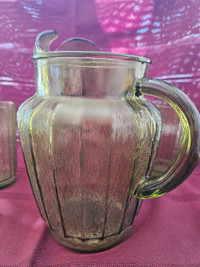 Vintage Green Glass Pitcher and Six Glasses