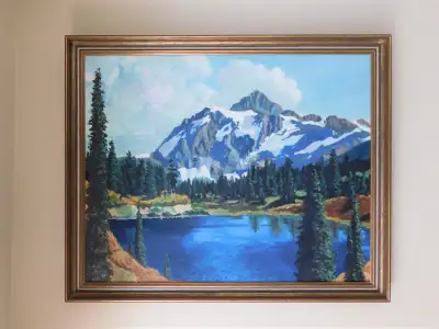 MCM Original Oil on Canvas "Mount Rainier" in Washington State, USA Painting by Brian Barnes, 1967....